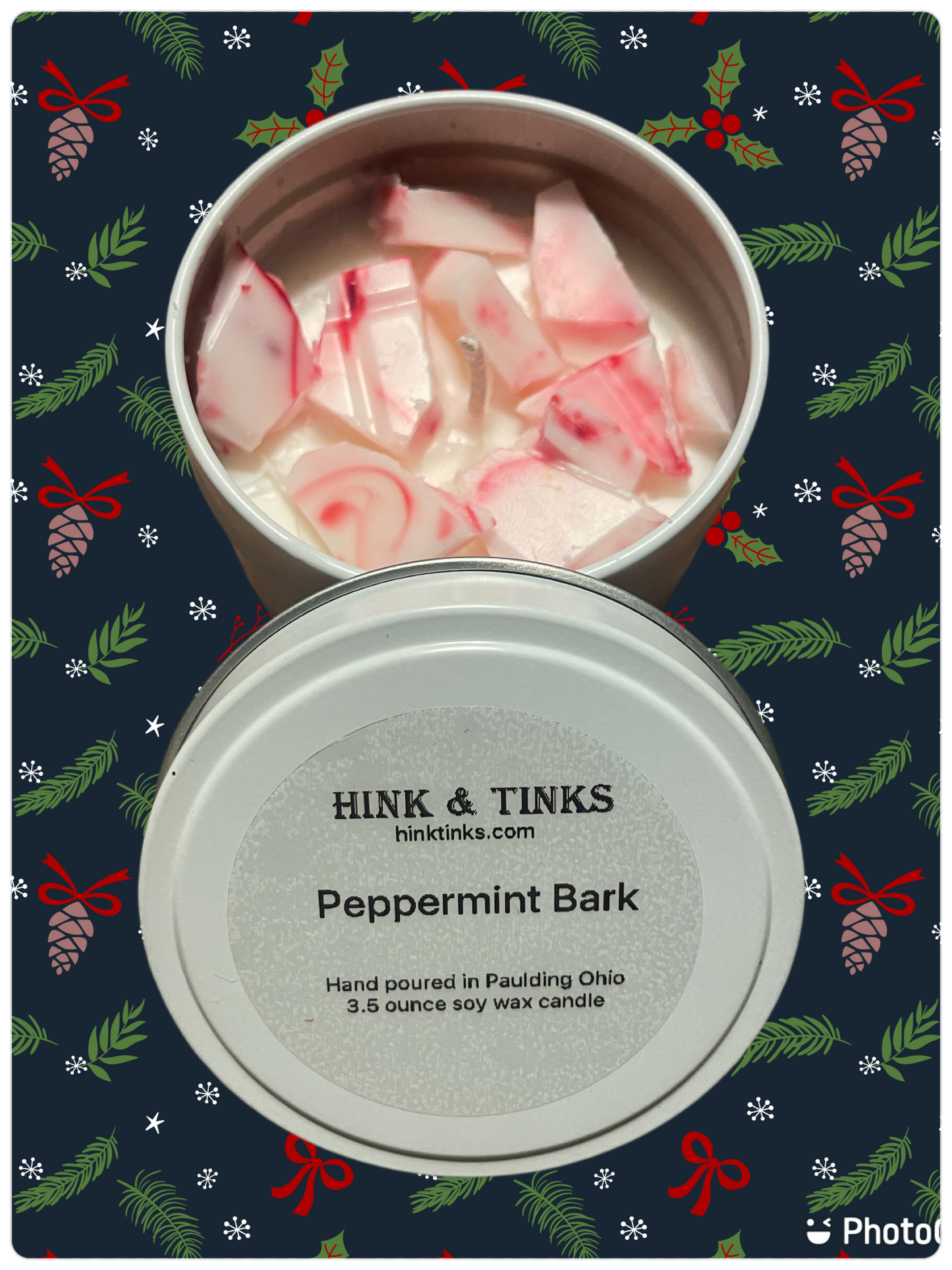 3.5 ounce Peppermint Bark soy wax candle tin