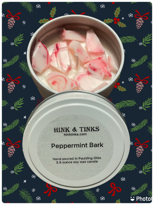 3.5 ounce Peppermint Bark soy wax candle tin